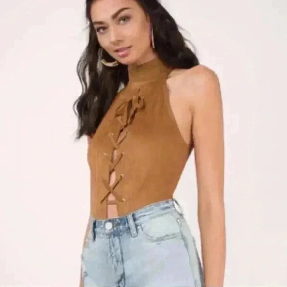 TOBI Suede Sleeveless Bodysuit Size Small Olive Green - Picture 7 of 8